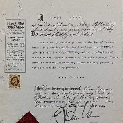 Notary Public document signed by John Venn for a meeting held by Directors at Mappin and Webb