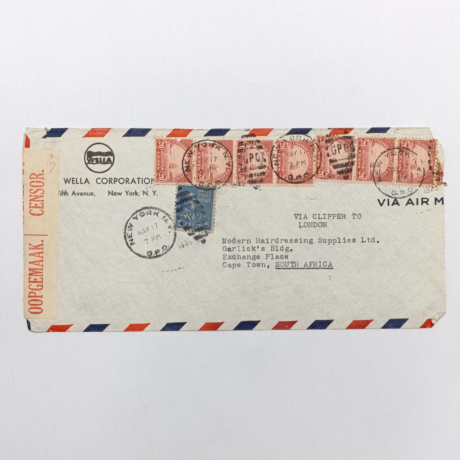American Flight Cover WW1 1917 New York to London via Clipper, then to Cape Town via Airmail with 8 USA stamps
