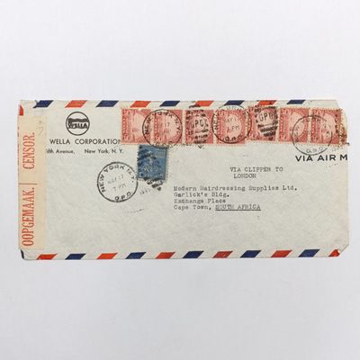 American Flight Cover WW1 1917 New York to London via Clipper, then to Cape Town via Airmail with 8 USA stamps