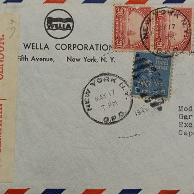 American Flight Cover WW1 1917 New York to London via Clipper, then to Cape Town via Airmail with 8 USA stamps