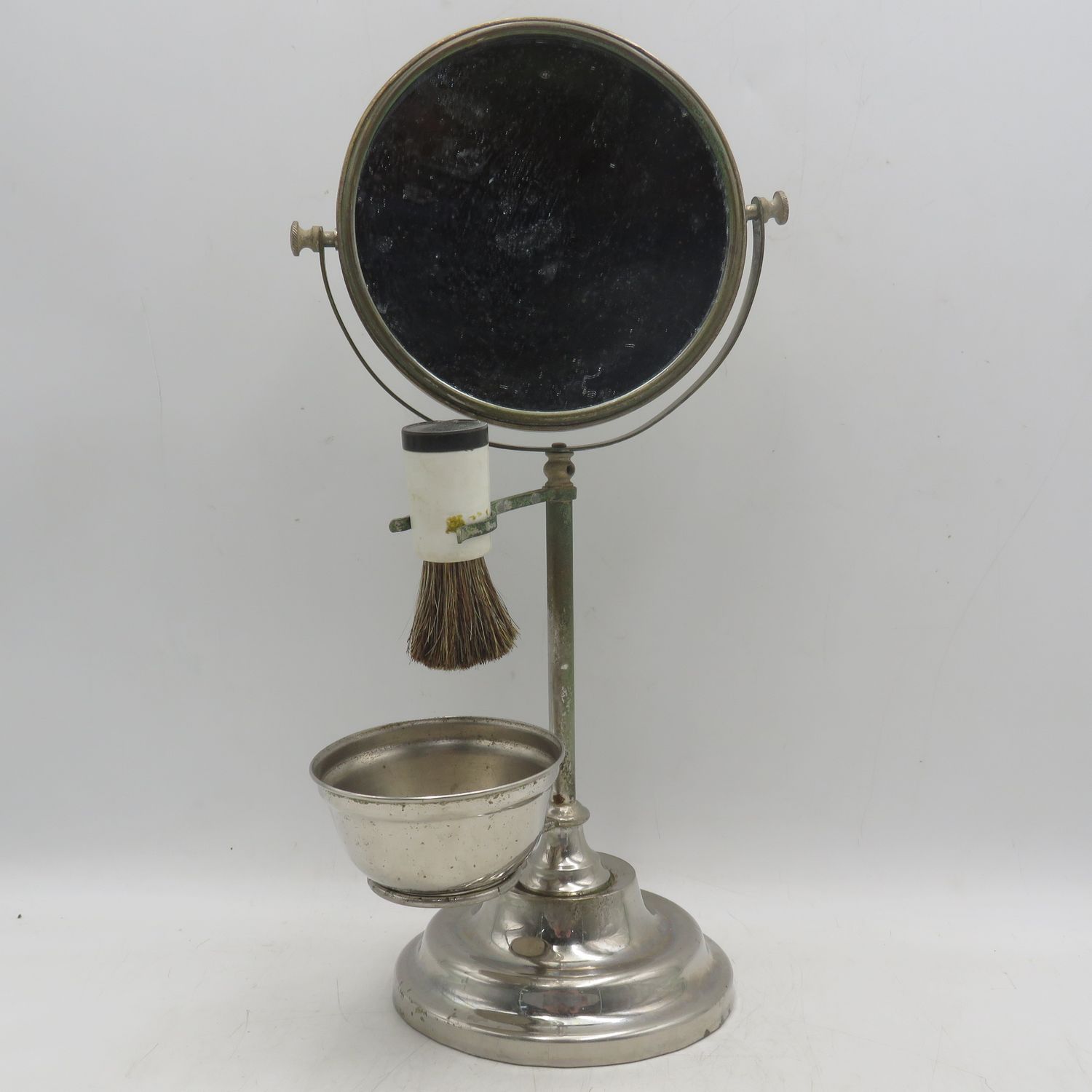 Vintage Shaving mirror stand with shaving brush - one ide mirror cracked