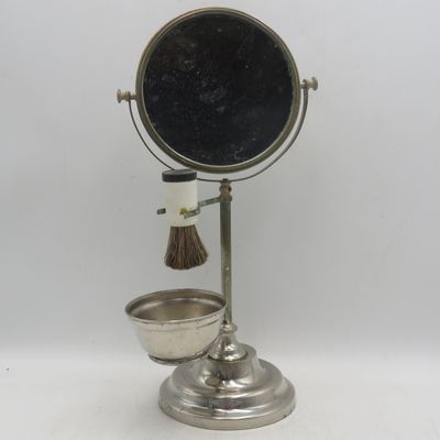 Vintage Shaving mirror stand with shaving brush - one ide mirror cracked