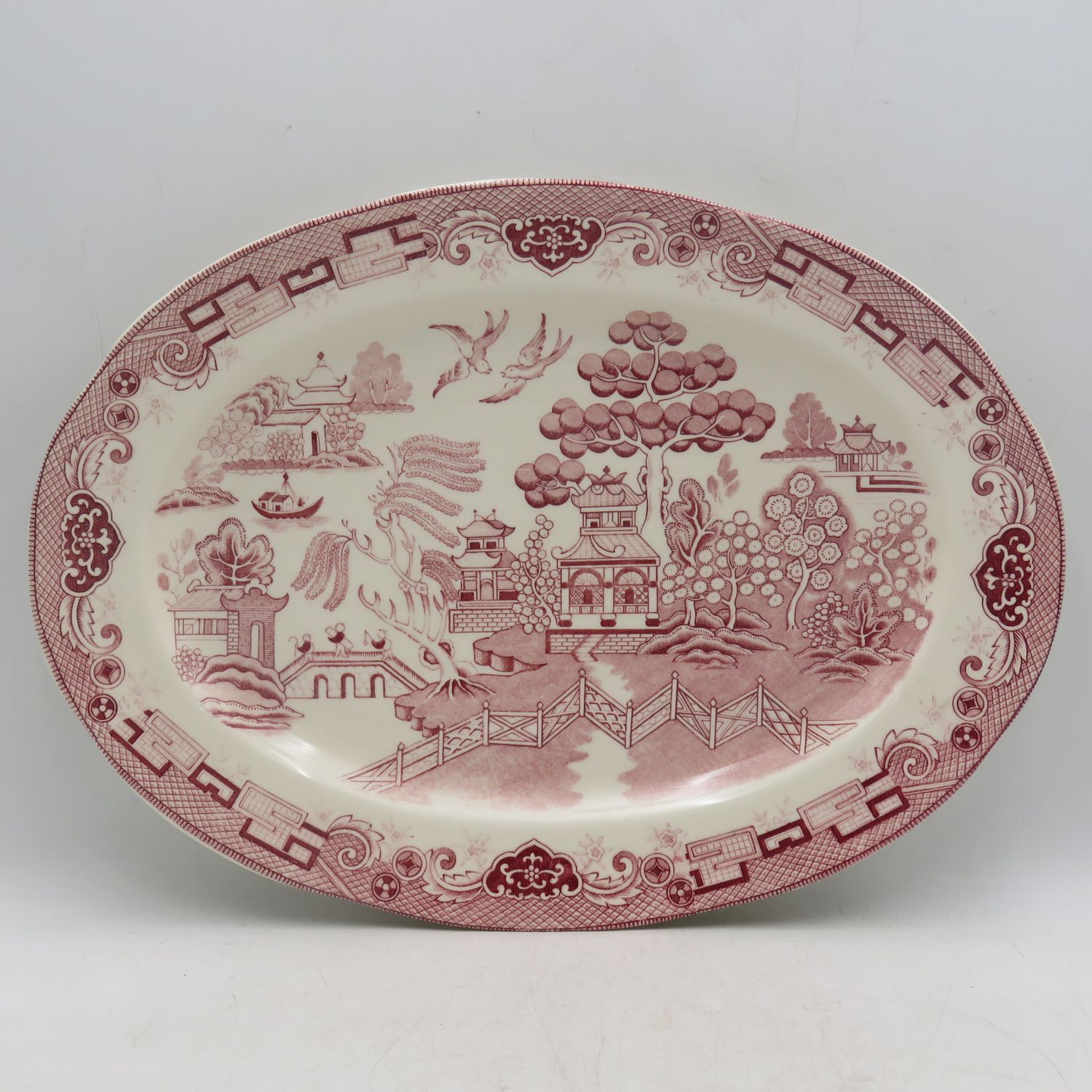Vintage Red Delft willow pattern oval platter