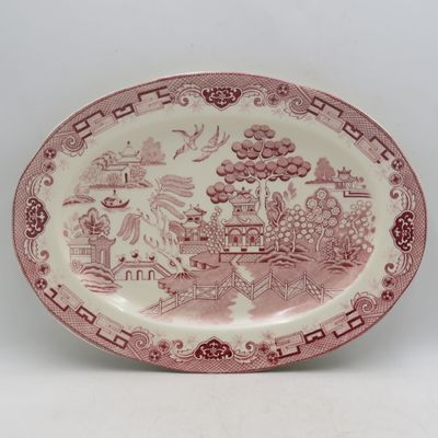Vintage Red Delft willow pattern oval platter