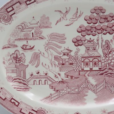 Vintage Red Delft willow pattern oval platter