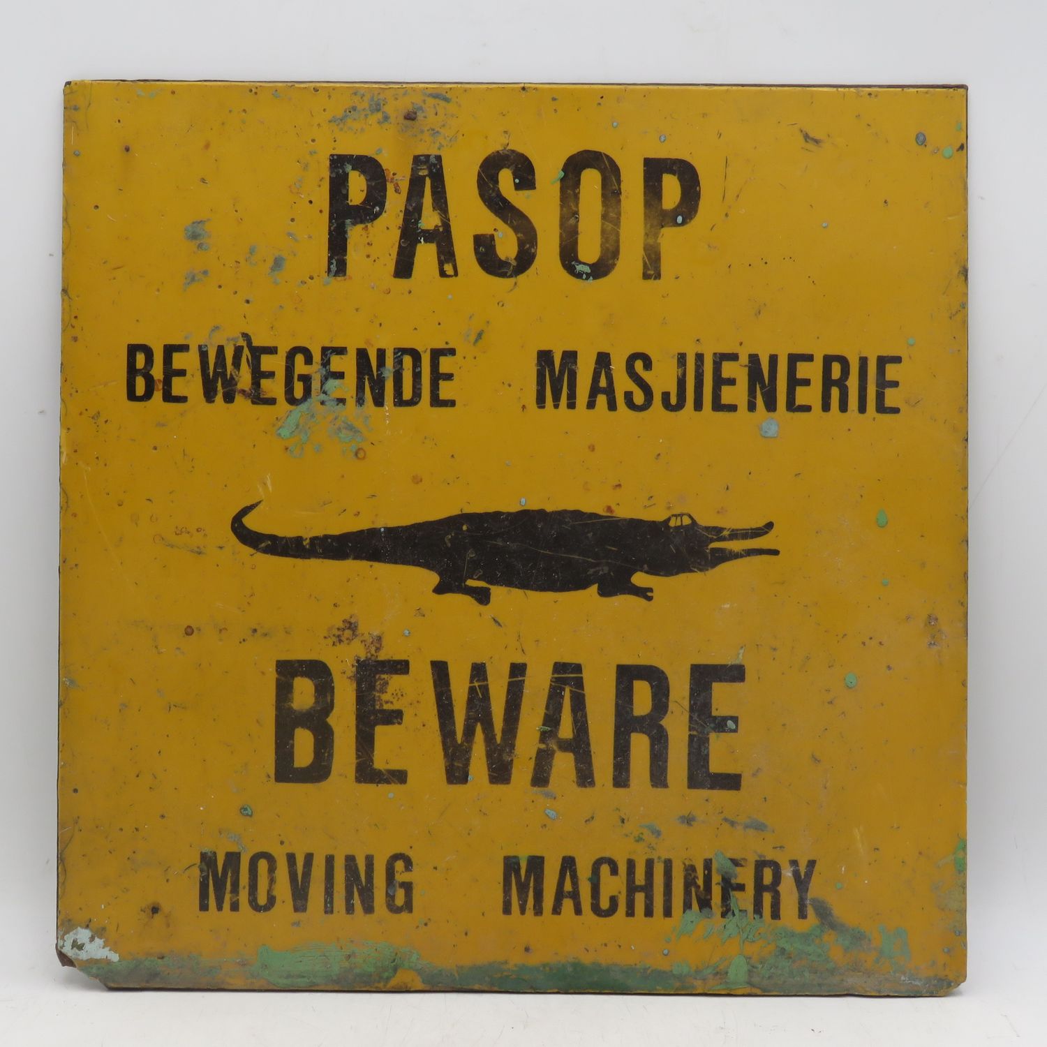 Vintage Beware Moving Machinery sign with Alligator - Plastic on metal sign