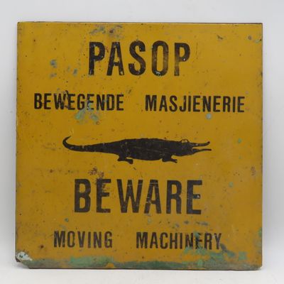 Vintage Beware Moving Machinery sign with Alligator - Plastic on metal sign