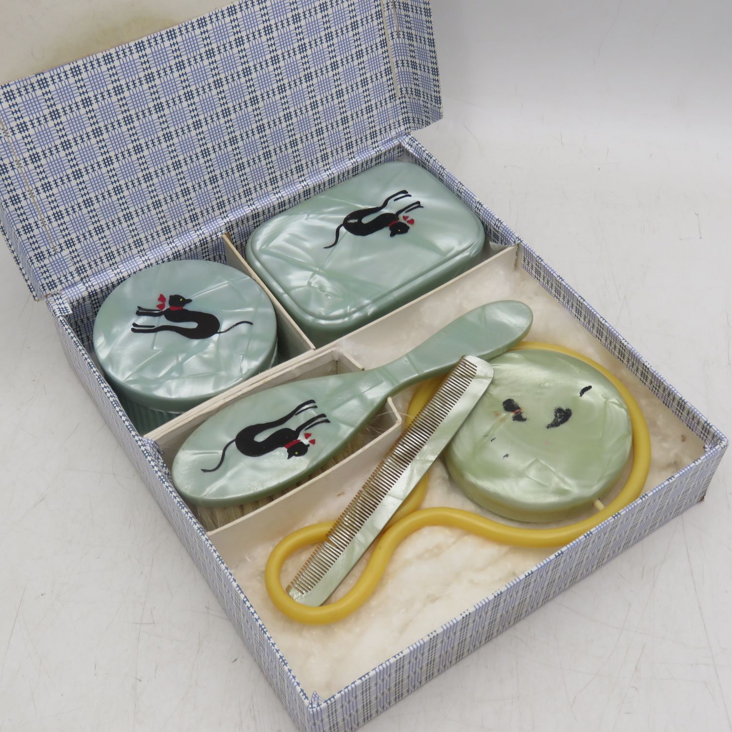 Antique Baby brush and comb set with rattle and soap box