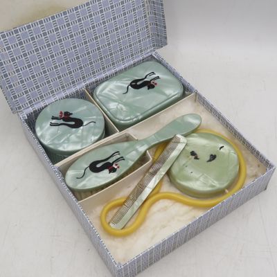 Antique Baby brush and comb set with rattle and soap box