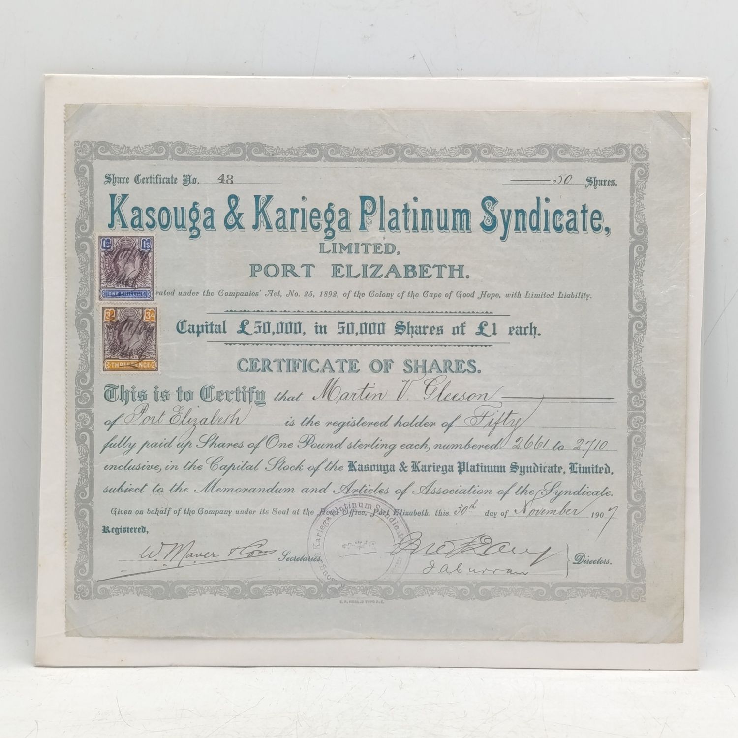 Share certificate for Kasonga &amp; Kariega Platinum Syndicate issued 1907 to Martia V Gleeson