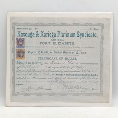 Share certificate for Kasonga &amp; Kariega Platinum Syndicate issued 1907 to Martia V Gleeson