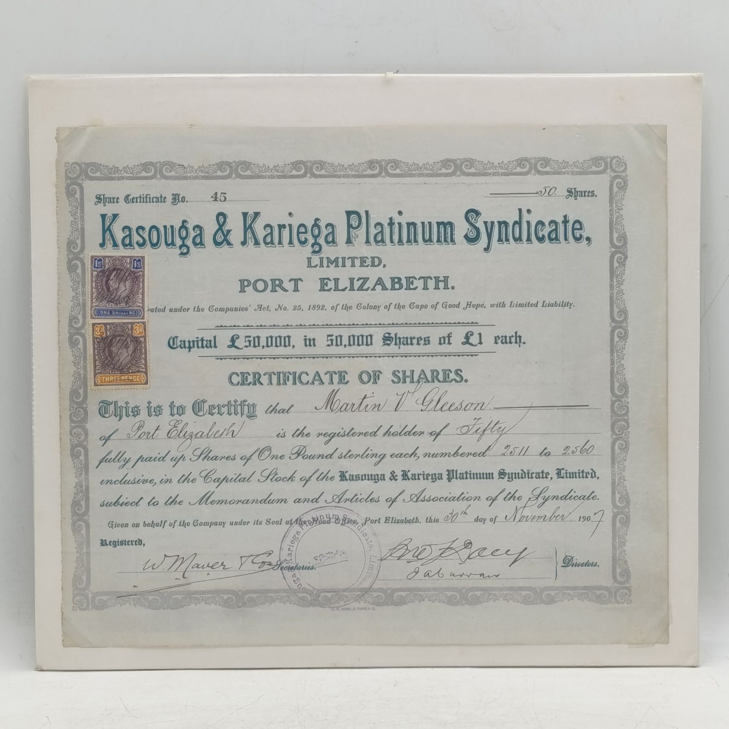 Share certificate for Kasouga &amp; Kariega Platinum Syndicate Ltd issued 1907 with revenue stamps to Martin V Gleeson