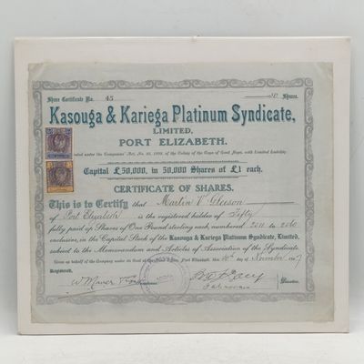 Share certificate for Kasouga &amp; Kariega Platinum Syndicate Ltd issued 1907 with revenue stamps to Martin V Gleeson
