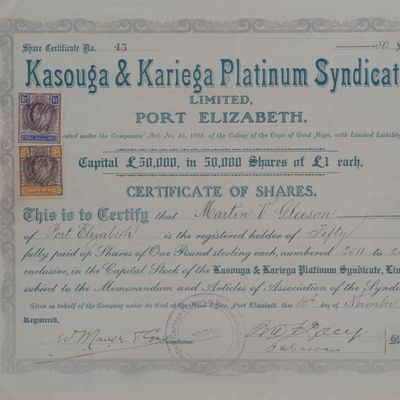 Share certificate for Kasouga &amp; Kariega Platinum Syndicate Ltd issued 1907 with revenue stamps to Martin V Gleeson