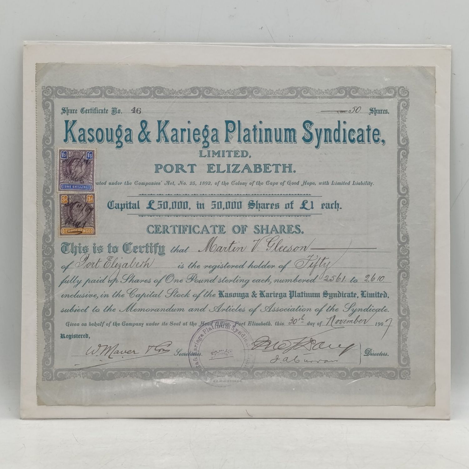 Platinum Share certificate for Kasouga &amp; Kariega syndicate 1907 to Martin Gleeson