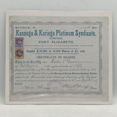 Platinum Share certificate for Kasouga &amp; Kariega syndicate 1907 to Martin Gleeson