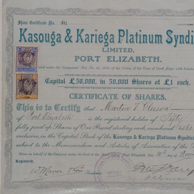 Platinum Share certificate for Kasouga &amp; Kariega syndicate 1907 to Martin Gleeson