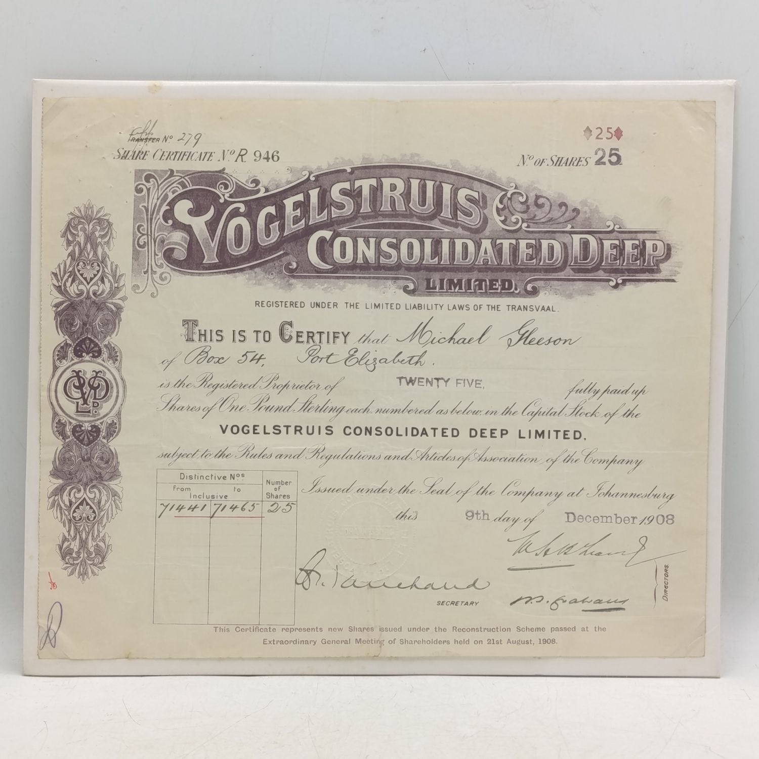 Share certificate for Vogelstruis consolidated Deep issued 1908 to Michael Gleeson