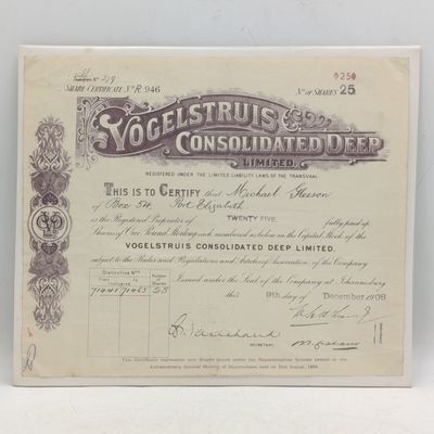 Share certificate for Vogelstruis consolidated Deep issued 1908 to Michael Gleeson
