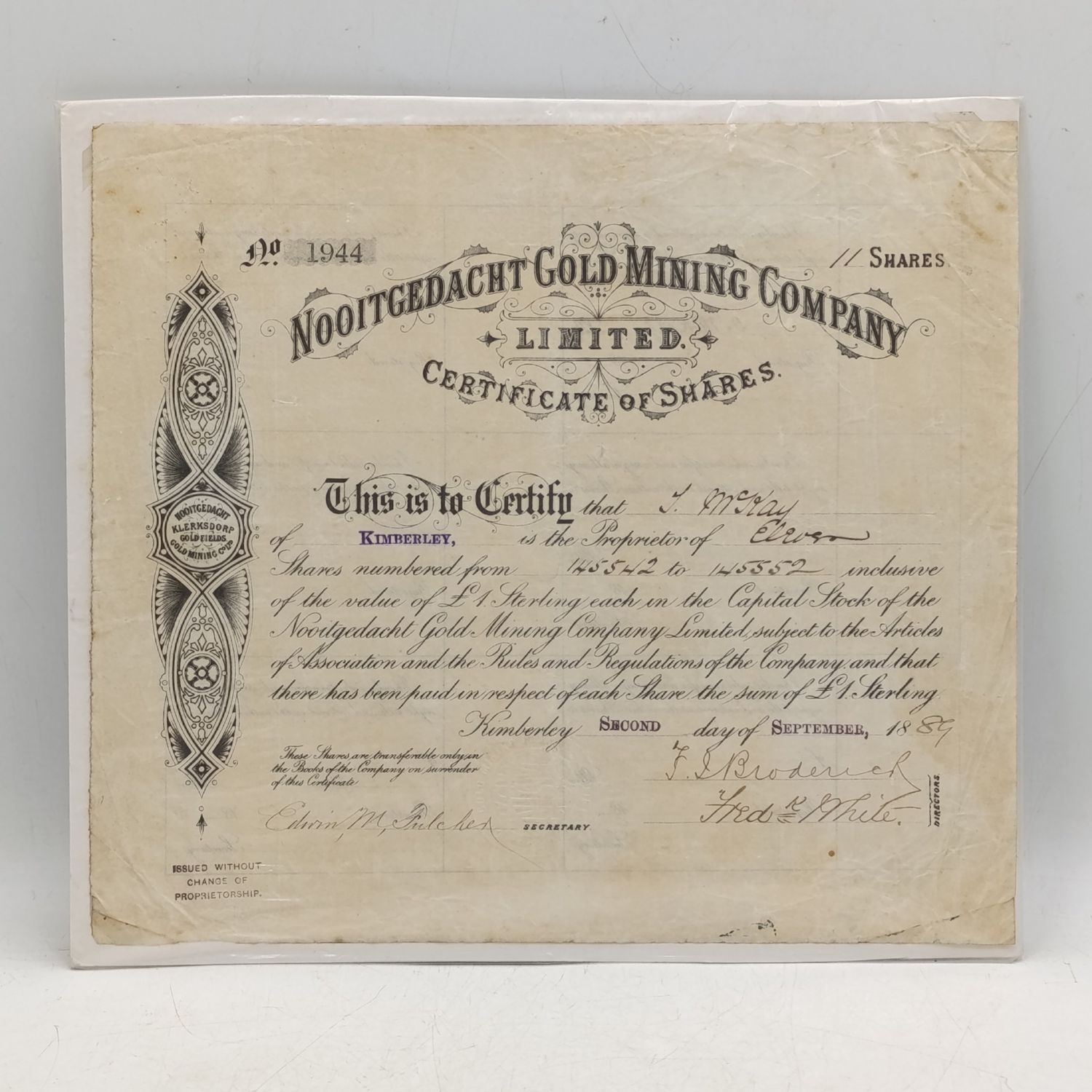 Nooitgedacht Gold Mining Company Share Certificate issued 1889 to J MKay
