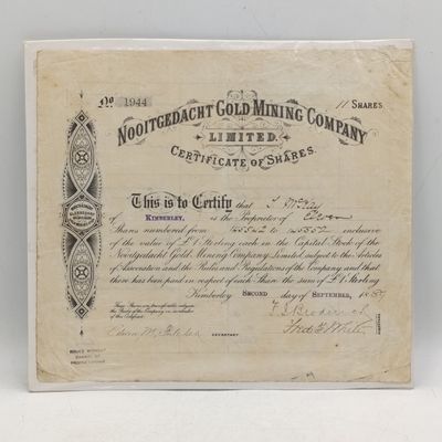 Nooitgedacht Gold Mining Company Share Certificate issued 1889 to J MKay