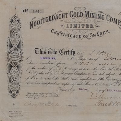 Nooitgedacht Gold Mining Company Share Certificate issued 1889 to J MKay