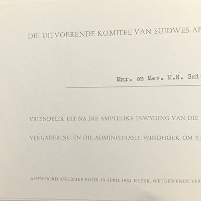 South West Africa Original invitation by the Executive committee of South West Africa