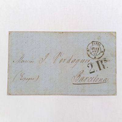 Handwritten letter 1859 to S Vardaguer Barcelona - french and Discussing commerial matters - Posted in Paris August 1859 with 2 Reales postage