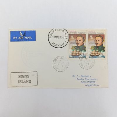 British Antarctic Territory 2 x 1p stamps on cover - Signy Island by airmail to Argentina