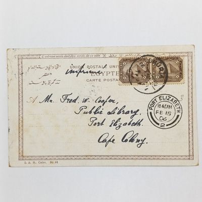 1906 Postcard Cairo to Port Elizabeth - general view of Cairo - Two Egyptian stamps