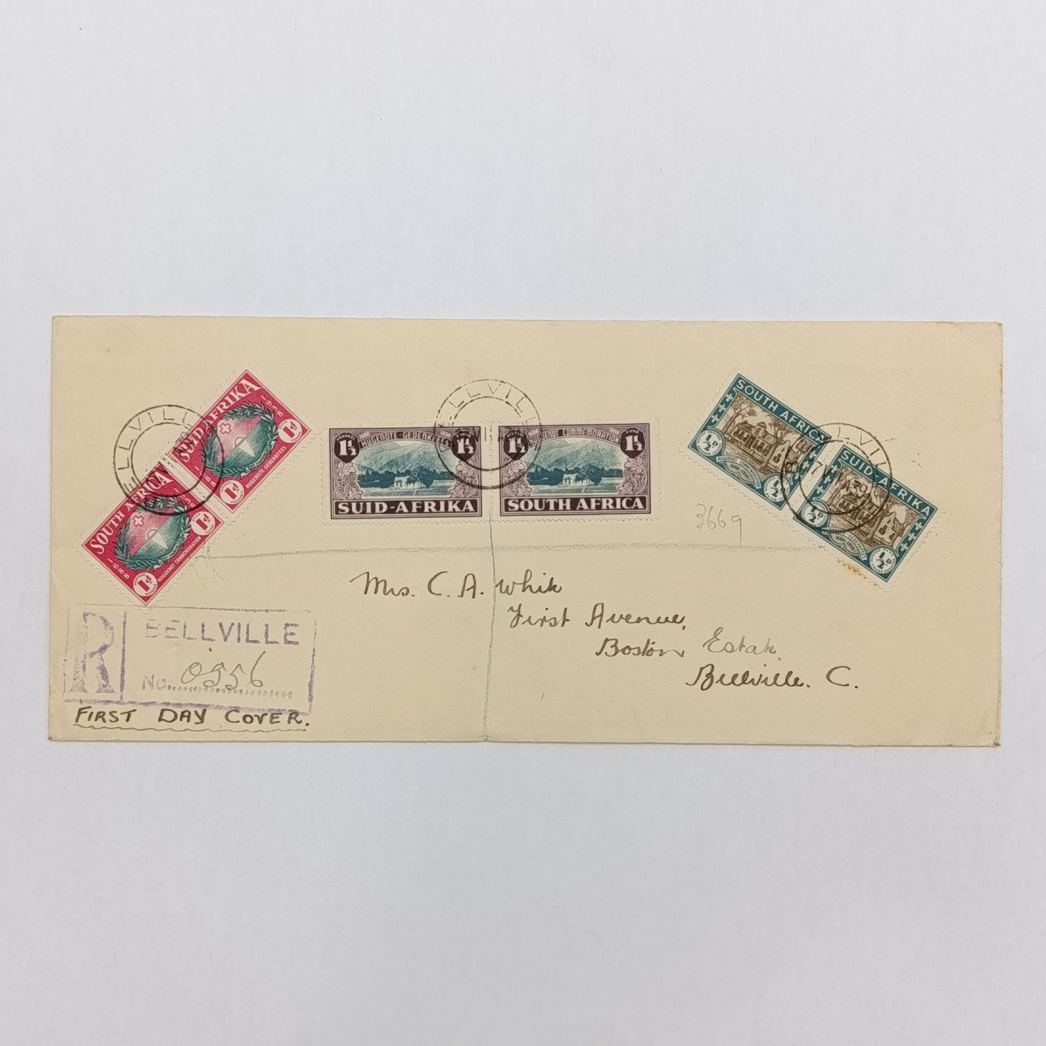 South Africa Huguenot anniversary cover 17 July 1939 with Bellville cancellation SACC 81-83