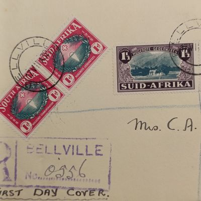 South Africa Huguenot anniversary cover 17 July 1939 with Bellville cancellation SACC 81-83