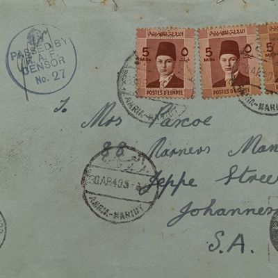 Censored WW2 cover Egypt to South Africa posted 1940 - Alexandria to Johannesburg - Various cancellations and censor marks
