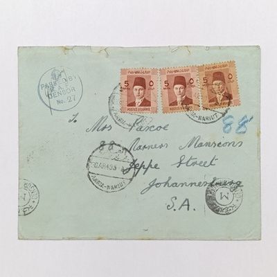 Censored WW2 cover Egypt to South Africa posted 1940 - Alexandria to Johannesburg - Various cancellations and censor marks