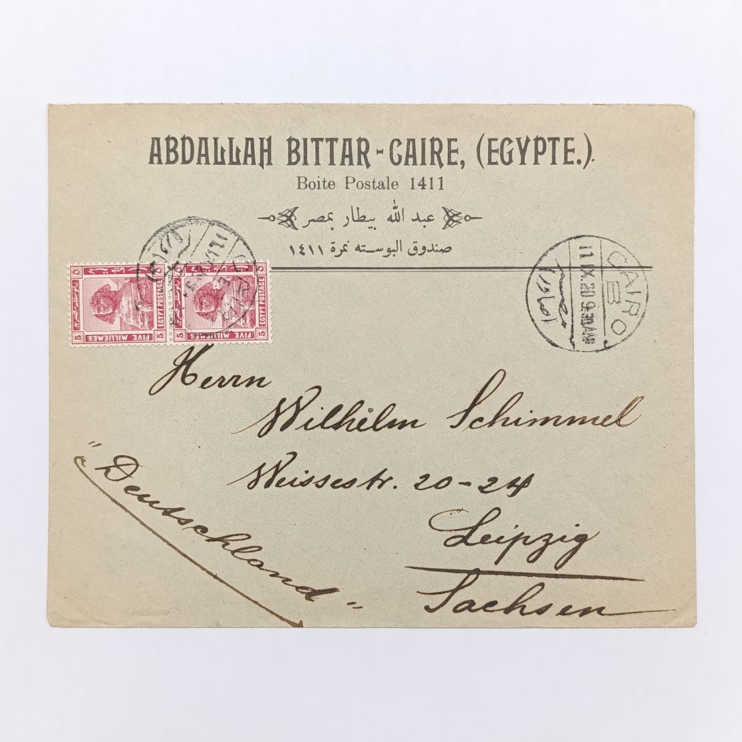 Postal cover sent from Cairo, Egypt 11 September 1920 to Leipzig, Germany - Pair of Egypt 5 Milliemes stamps