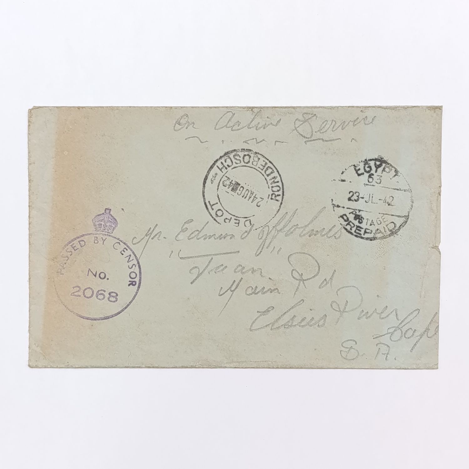 On active service 1942 WW2 letter Egypt to Elsies River, Cape, South Africa - with Passed by censor mark - received Cancel at Rondebosch Depot