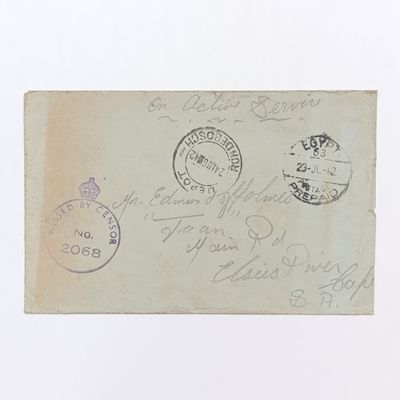 On active service 1942 WW2 letter Egypt to Elsies River, Cape, South Africa - with Passed by censor mark - received Cancel at Rondebosch Depot