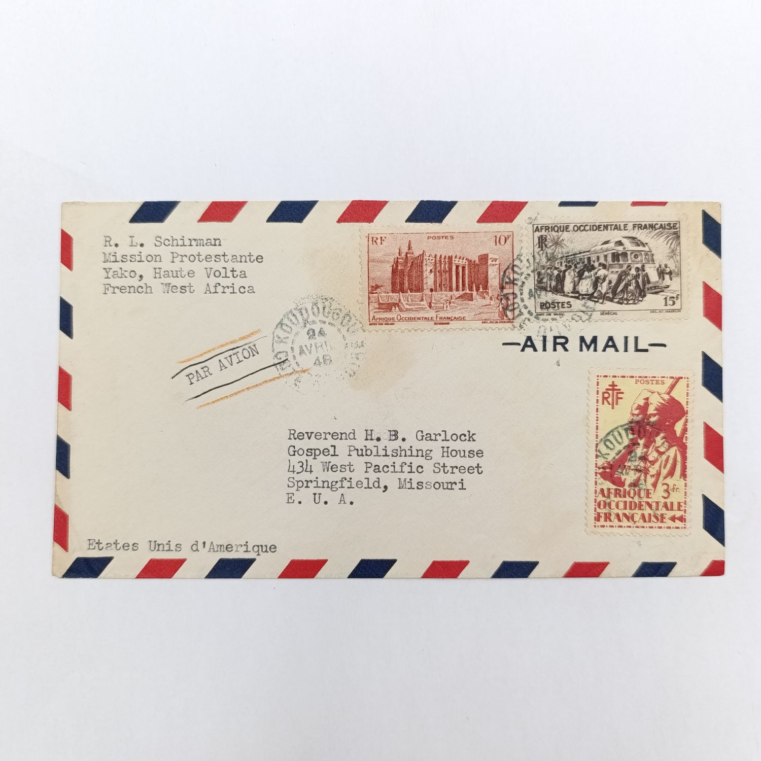 Christian postal history - Upper Volta Ivory coast to Missouri USA Airmail
