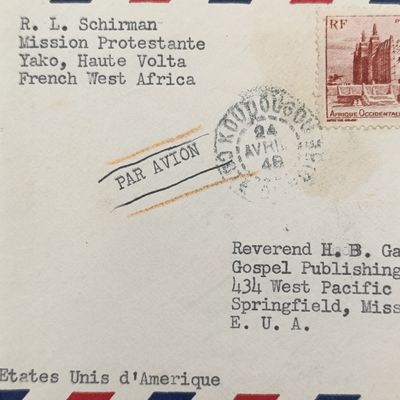 Christian postal history - Upper Volta Ivory coast to Missouri USA Airmail