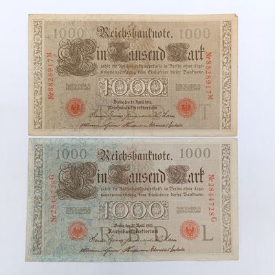 Pair of German 1000 Mark 1910 banknotes - cream paper with low blued fibre content and white paper with high blue fibre content