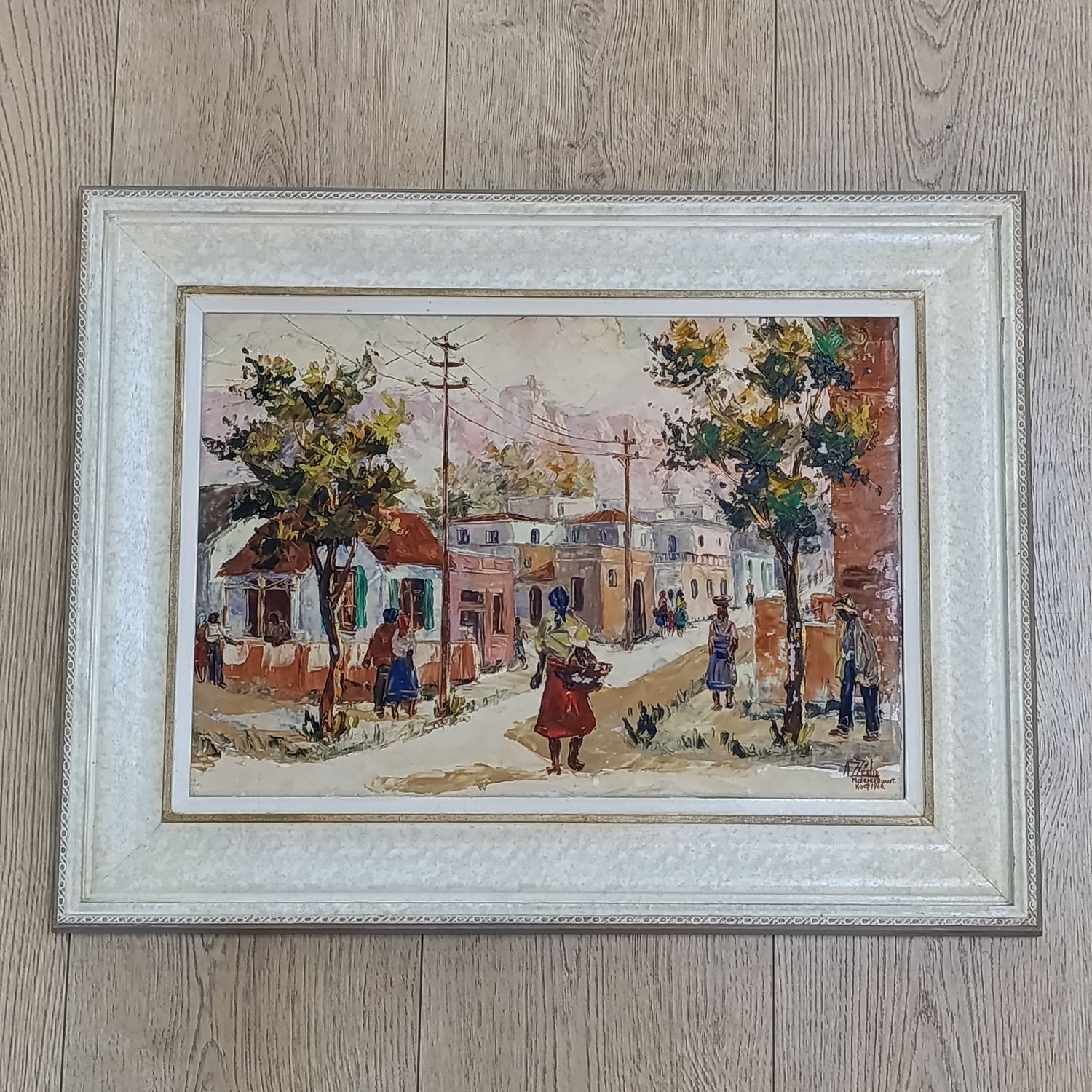 Original oil painting of Maleier Buurt 1960 Cape Town by Adelia Zagni Zeelie