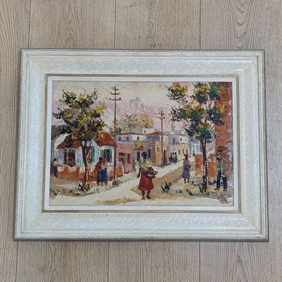 Original oil painting of Maleier Buurt 1960 Cape Town by Adelia Zagni Zeelie