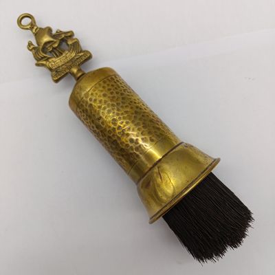 Vintage brass telescopic fireplace brush with Mayflower ship