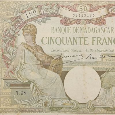 Madagascar 1937 type Dejouany / Chaudin 50 Francs - some rim damage and centre tear at the top