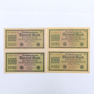 Lot of 4 German 1922 banknotes 1000 mark - red and purple serials with star before and after serial