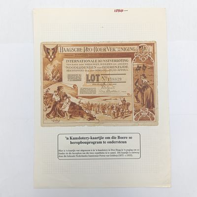 Haagsche Pro- Boer Vereeniging. Art Lottery ticket - 'n Kunslotery-kaartjie om die Boere se heropbouprogram te ondersteun
