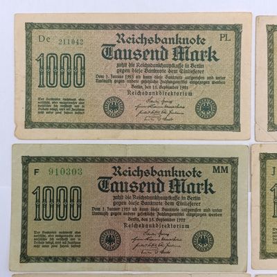 Lot of 8 German 1922 banknotes 1000 mark - all with different type or colour serials