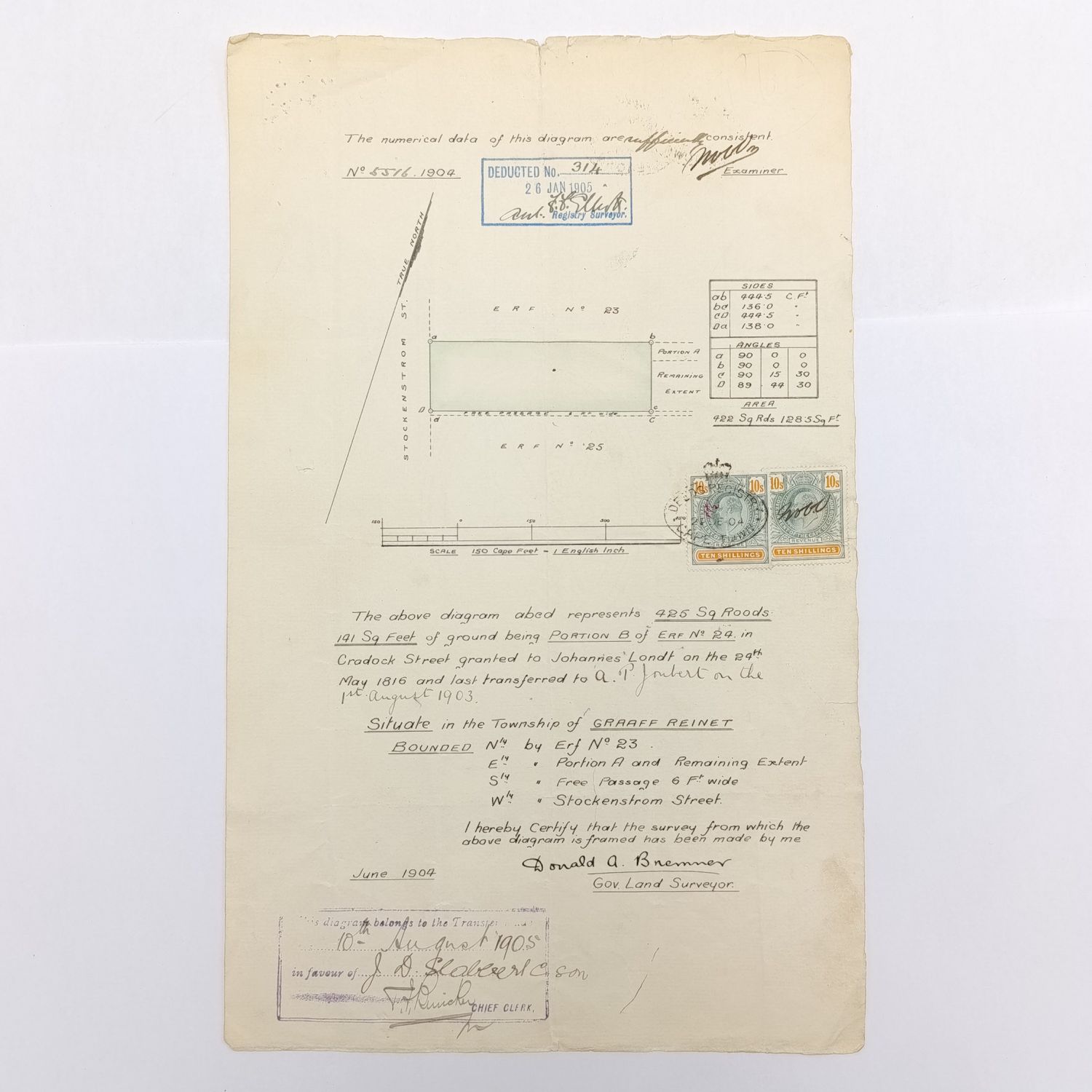 Land Surveyor's Certificate Donald Bremner Graaff Reinet - 1905