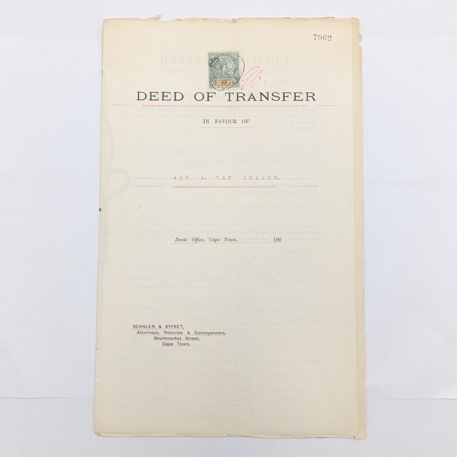 Deed of Transfer in favour of Jan A. van Staden on 19 March 1900