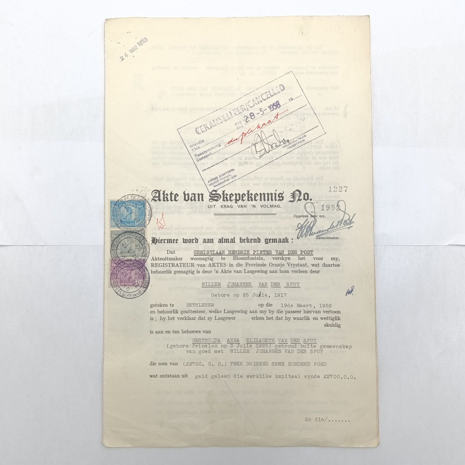 Akte van Skepekennis 1952 &amp; Verband akte 1973 - Plaas Waterbron Bethlehem
